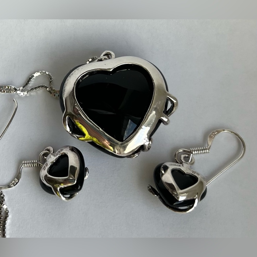925 (EUC) onyx pierced earrings pendant 20” necklace set signed  vintage jewelry - Picture 4 of 17